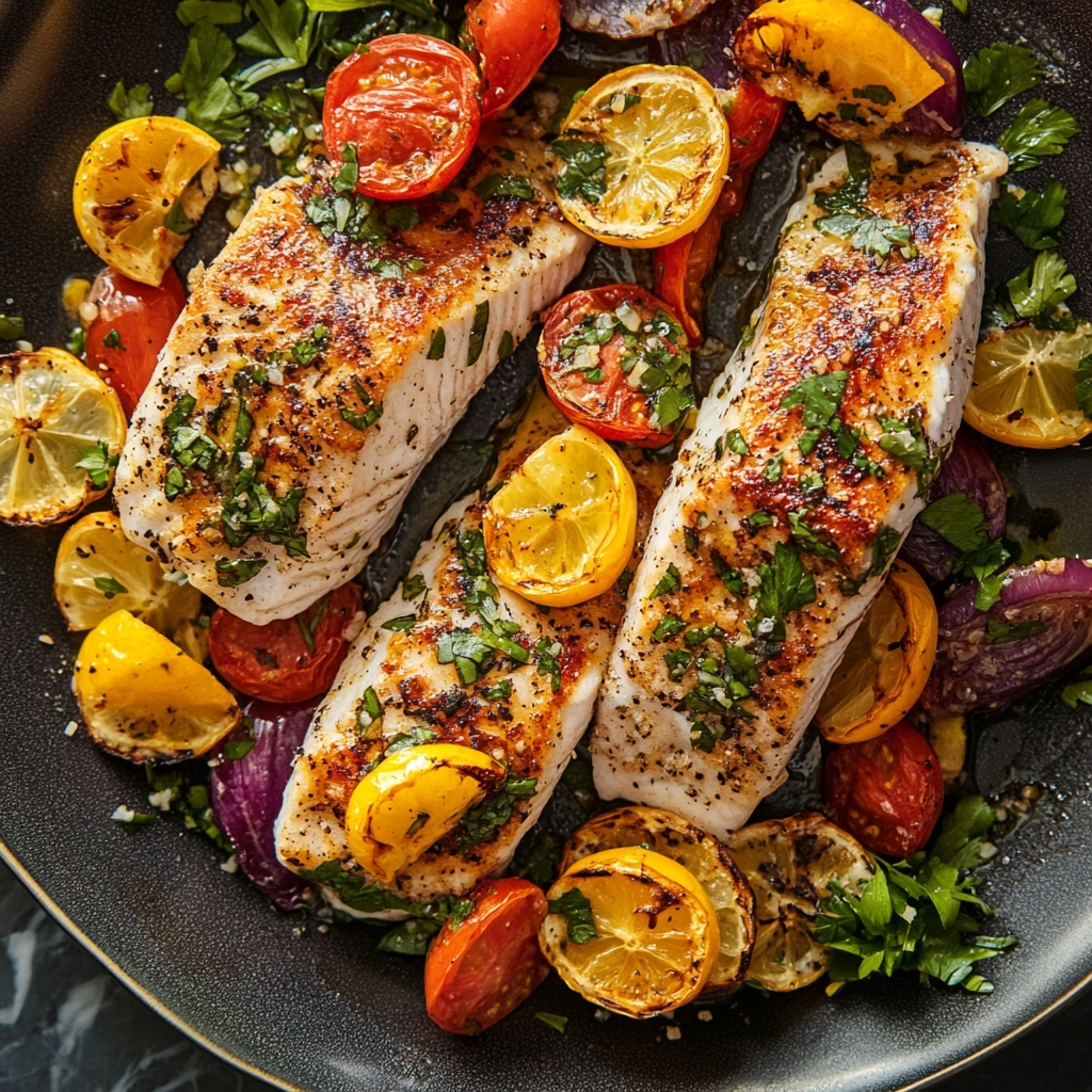 Three pan-seared white fish fillets served with roasted cherry tomatoes, lemon slices, and fresh parsley in a skillet.