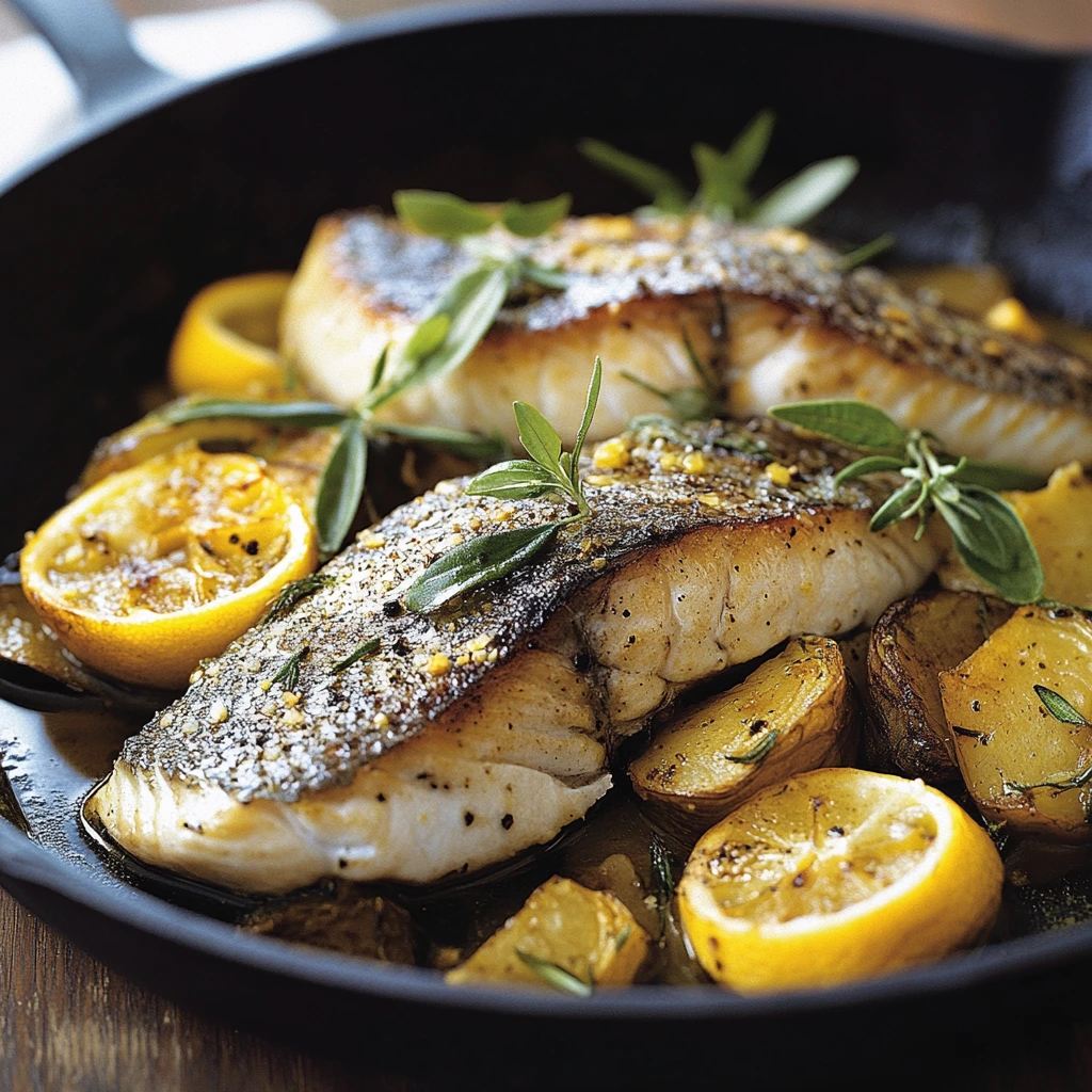 Two crispy-skinned fish fillets served in a skillet with roasted lemon slices, golden baby potatoes, and fresh herbs.