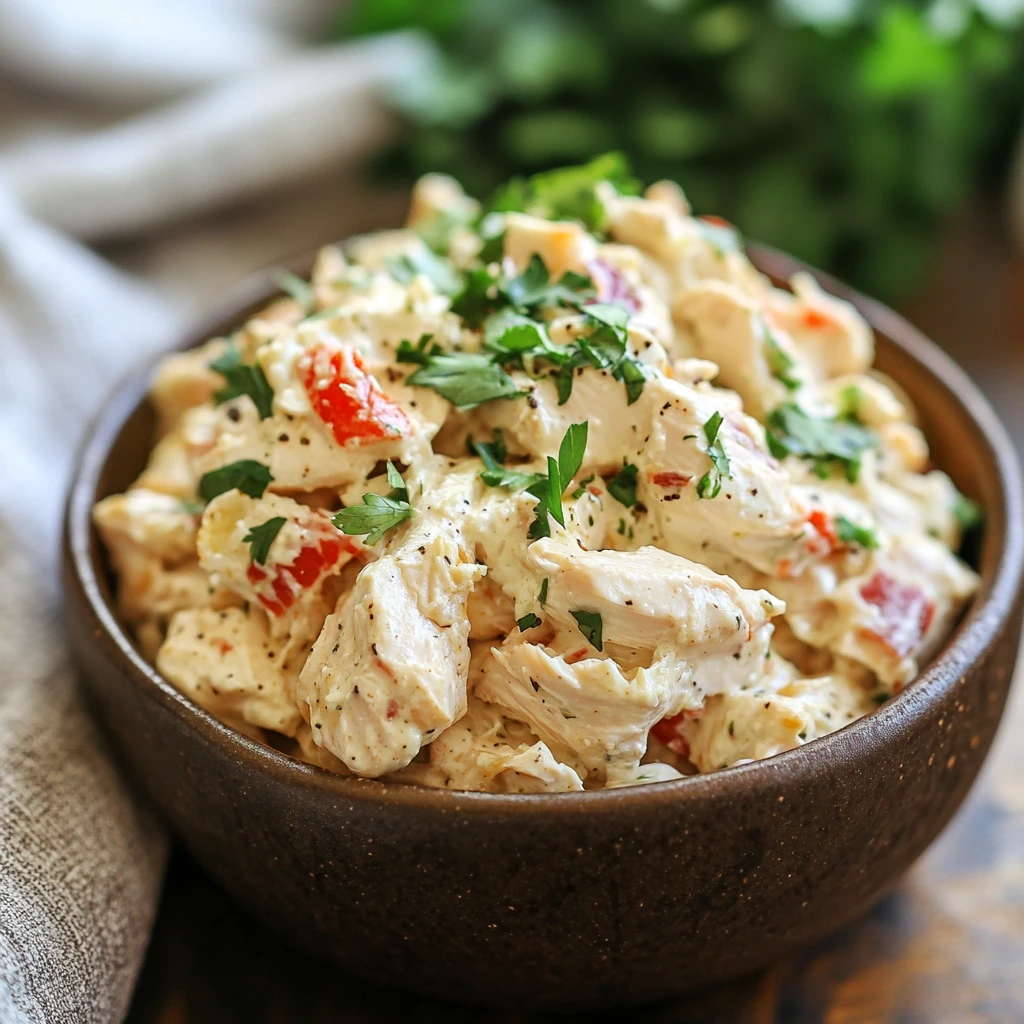 Creamy rotisserie chicken salad with fresh herbs and colorful veggies in a rustic brown bowl.