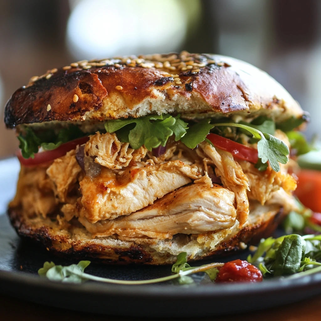 Barbecue rotisserie chicken sandwich with fresh greens and tomato on a toasted sesame bun.