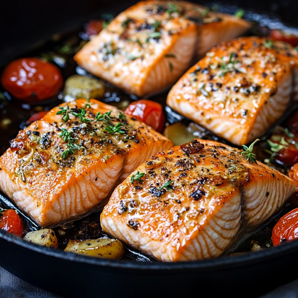 Four perfectly seared salmon fillets in a skillet, surrounded by roasted cherry tomatoes and baby potatoes, garnished with fresh thyme.