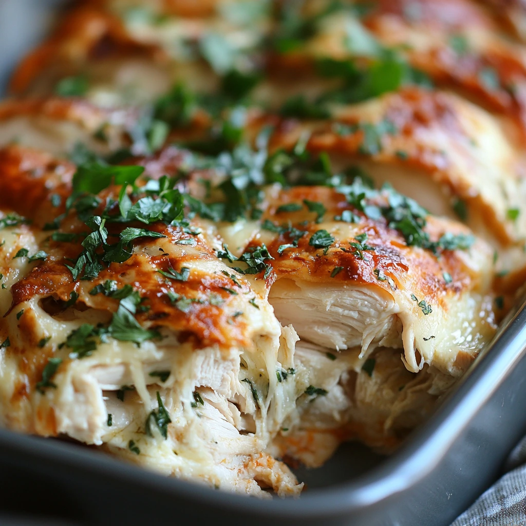 Cheesy baked rotisserie chicken casserole garnished with fresh parsley in a baking dish.